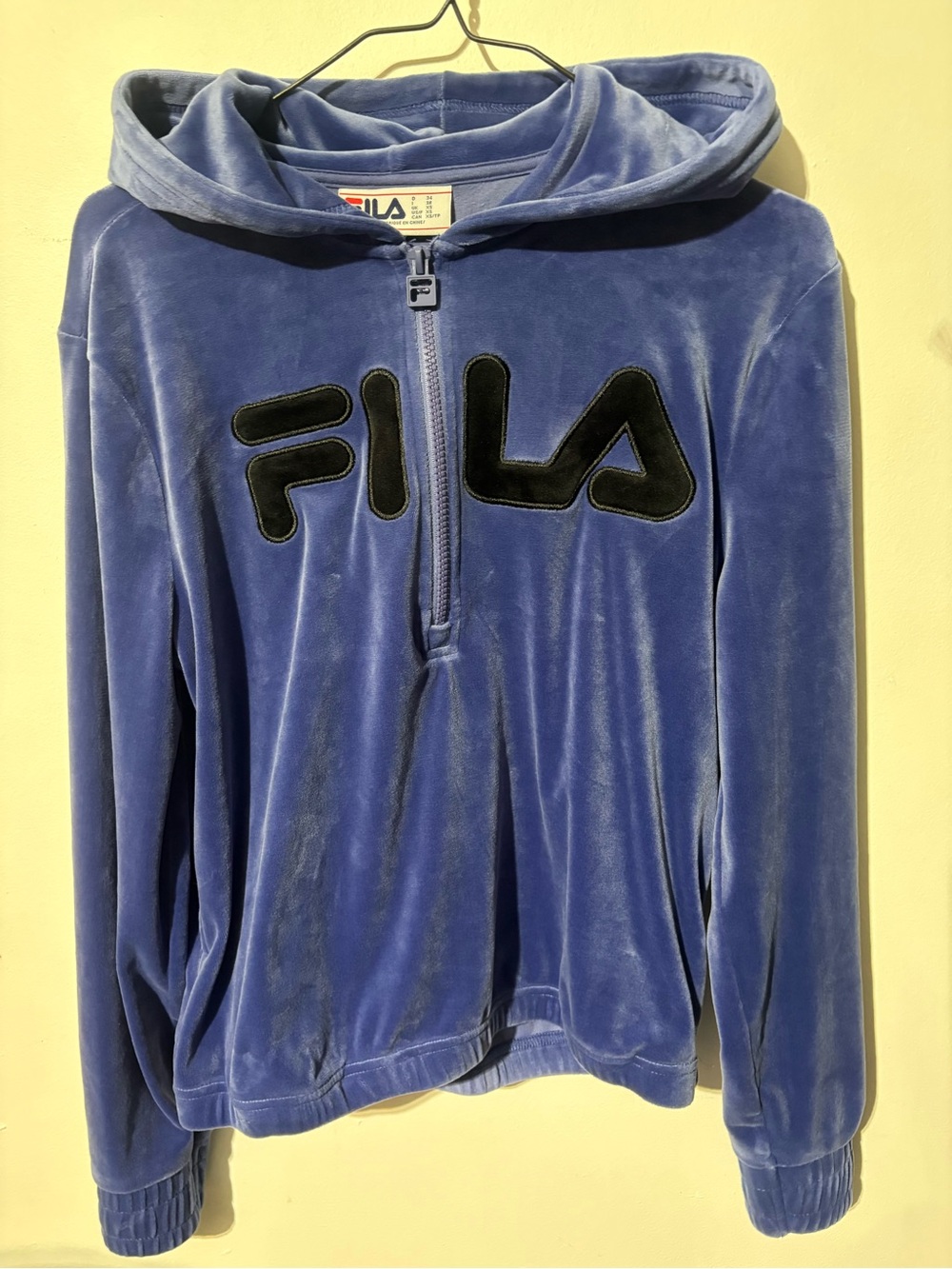 Fila Blue Velour Half-Zip Hoodie with Black Logo Womens XS
